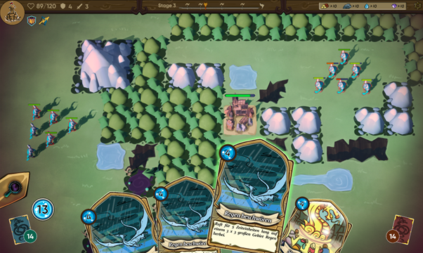 Das Bild zeigt einen Beispiel Screen eines Levels in Wyrmgaard. Am unteren Bildschirmrand sind ein paar Karten zu sehen, im Hintergrund Gelände, Gegner und eine Stadt. Außerdem ist am oberen Rand weiteres UI, das verschiedene Statusinfos liefert.
